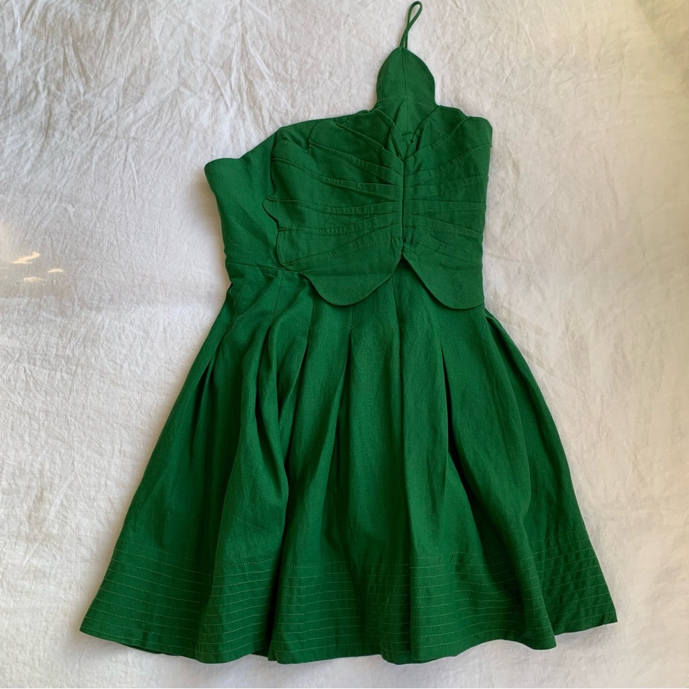 NWT Farm Rio Lea Linen Tropical Vacation Pleated One Shoulder Mini Dress Green - Picture 7 of 15